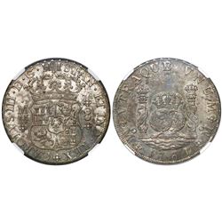 Mexico City, Mexico, pillar 8 reales, Charles III, 1761MM, cross between H and I, single-arc crown,