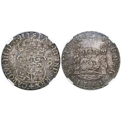 Mexico City, Mexico, pillar 8 reales, Charles III, 1761MM, tip of cross between I and S, encapsulate