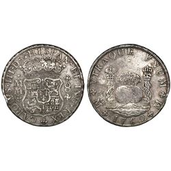 Mexico City, Mexico, pillar 8 reales, Charles III, 1762MM, tip of cross between I and S.