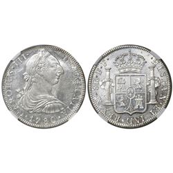 Mexico City, Mexico, bust 8 reales, Charles III, 1780FF, encapsulated NGC MS 61.