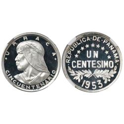 Panama, silver 1 centesimo, 1953, Republic Anniversary off-metal strike issue, encapsulated NGC PF 6