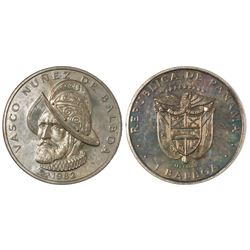 Panama, copper-nickel clad copper 1 balboa, 1982, Vasco Nunez de Balboa, error fineness "0.500" (sil