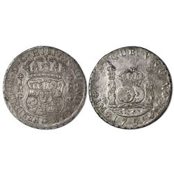 Lima, Peru, pillar 8 reales, Ferdinand VI, 1759JM, dot over left mintmark only.