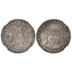 Lima, Peru, pillar 8 reales, Charles III, 1762JM, dots over both mintmarks, encapsulated NGC AU 58.