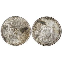 Lima, Peru, pillar 8 reales, Charles III, 1764JM, dots over both mintmarks.