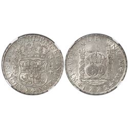 Lima, Peru, pillar 8 reales, Charles III, 1772JM, dot over left mintmark only, encapsulated NGC AU 5