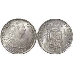 Lima, Peru, bust 8 reales, Charles IV, 1792IJ, encapsulated NGC MS 62.