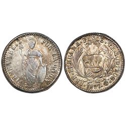 Pasco, Peru, 4 reales, 1857, monogram Z inside O, encapsulated NGC AU 58.