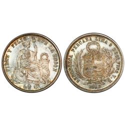 Lima, Peru, 50 centavos, 1858YB, seated Liberty, short hair, encapsulated NGC MS 65, finest known in