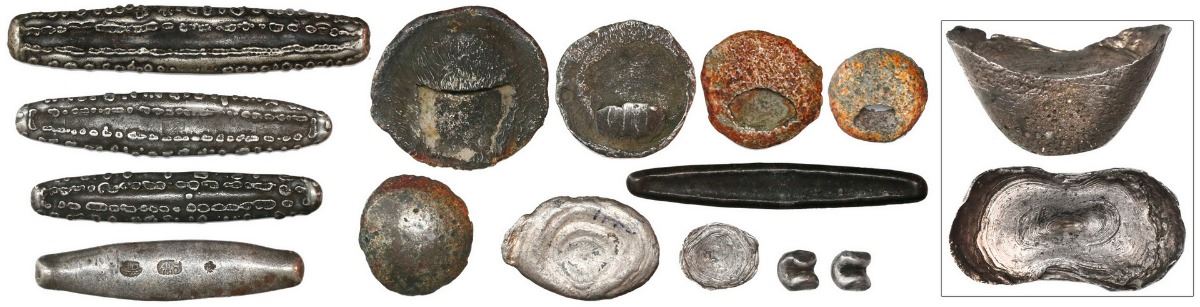 Collection of fifteen pieces of silver primitive money from southeast ...