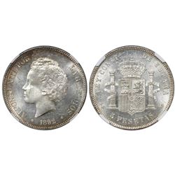 Madrid, Spain, 5 pesetas, Alfonso XIII (child bust), 1892PG-M, with 18-92 inside stars, encapsulated