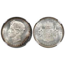 Madrid, Spain, 5 pesetas, Alfonso XIII (adolescent bust), 1899SG-V, with 18-99 inside stars, encapsu
