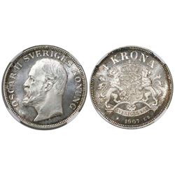 Sweden,1 krona, Oscar II, 1907EB, encapsulated NGC MS 65.