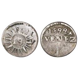 Caracas, Venezuela, 1/4 real, 1822, variety with 27 medium (neat) rays, brockage error, very rare.