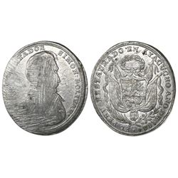 Ayacucho, Peru, oval tin military decoration trial strike, Bolivar, 1824 (struck in 1825), rare.