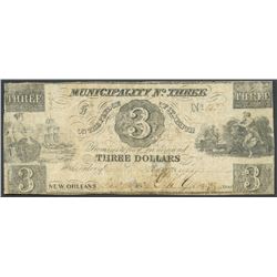 New Orleans, Louisiana, Municipality No. 3, three dollars, 1-1-1839, series F.