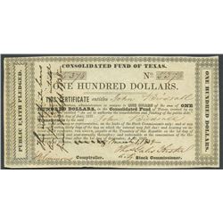 Houston, Texas, Consolidated Fund of Texas, 100 dollars, 1-3-1839, handwritten "his" variety.