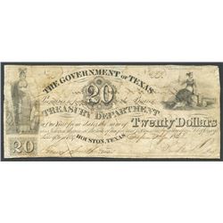 Houston, Texas, Government of Texas, 20 dollars, 1-9-1838, Sam Houston secretarial signature.