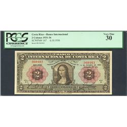 San Jose, Costa Rica, Banco Internacional, 2 colones, 6-10-1936, series B, "Mona Lisa" note, certifi