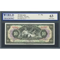 San Salvador, El Salvador, Banco Central de Reserva, 10 colones, 31-8-1934, series A, certified WBG