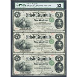 Ireland, Irish Republic, partial uncut sheet of three 5 dollars, 17-3-1866, certified PMG AU 53.