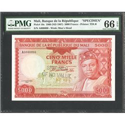 Mali, Banque de la Republique du Mali, 5,000 francs specimen, 22-9-1960, certified PMG Gem UNC 66 EP