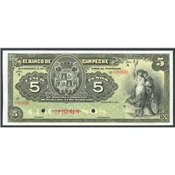 Campeche, Mexico, Banco de Campeche, 5 pesos specimen, 19XX (ca. 1903), series A.