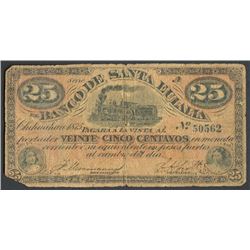 Chihuahua, Mexico, Banco de Santa Eulalia, 25 centavos, 1875, series A.