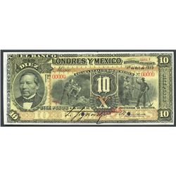 Mexico City, Distrito Federal, Mexico, Banco de Londres y Mexico, 10 pesos specimen, 1-10-1913, seri