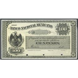 Mexico City, Distrito Federal, Mexico, Banco Nacional Mexicano, 100 pesos front proof, no date 18XX 