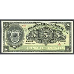 Jalisco, Mexico, Banco de Jalisco, 5 pesos contemporary counterfeit remainder, ND (1910), series B.