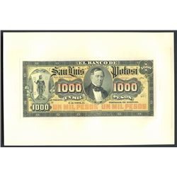 San Luis Potosi, Mexico, Banco de San Luis Potosi, 1,000 pesos front proof, no date (1897-1913).