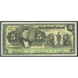 San Luis Potosi, Mexico, Banco de San Luis Potosi, 5 pesos, 15-10-1913, series C.