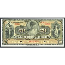 Mazatlan, Sinaloa, Mexico, Banco Occidental de Mexico, 20 pesos specimen, ND (1900-13).