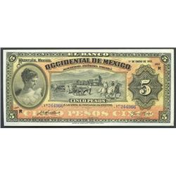 Mazatlan, Sinaloa, Mexico, Banco Occidental de Mexico, 5 pesos, 1-1-1913, series R.