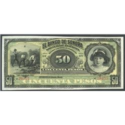 Sonora, Mexico, Banco de Sonora, 50 pesos remainder, ND (1898-1911), series DV.