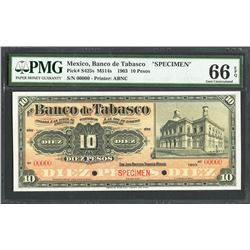San Juan Bautista, Tabasco, Mexico, Banco de Tabasco, 10 pesos specimen, 1903, certified PMG Gem UNC