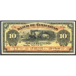 Tampico, Tamaulipas, Mexico, Banco de Tamaulipas, 10 pesos, 31-8-1913, series F.