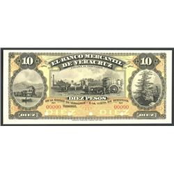 Veracruz, Mexico, El Banco Mercantil de Veracruz, 10 peso front proof, no date (1898).