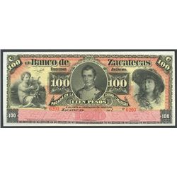 Zacatecas, Mexico, Banco de Zacatecas, 100 pesos remainder, 1XXX (1891-1912).