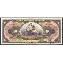 Caracas, Venezuela, Banco Mercantil Y Agricola, 100 bolivares remainder, ND (1929).