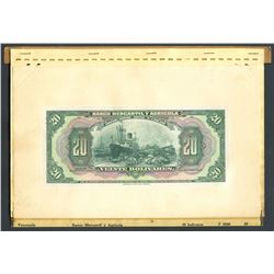 Caracas, Venezuela, Banco Mercantil y Agricola, 20 bolivares front proof, ND (1929-1935), printed on