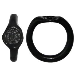 Large, black-glass ring (intact) embossed with I H S on top, Spanish colonial, 1500s-1600s.