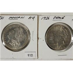 1921 MORGAN SILVER DOLLAR & 1926 PEACE SILVER $