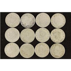 12 ASSORTED LIBERTY "V" NICKELS 1900-1912