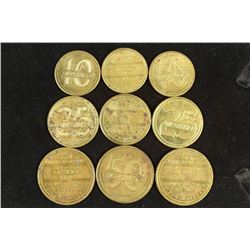 9 VINTAGE BRASS DRINK TOKENS FROM THE EXCLUSIVE