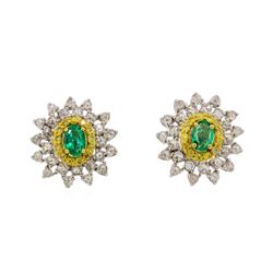 0.64 ctw Emerald and Diamond Earrings - 18KT White and Yellow Gold