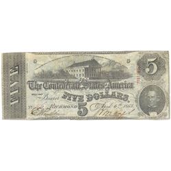 1863 $5 The Confederate States of America Note T-60 CC