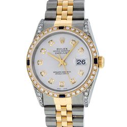 Rolex Mens Two Tone Diamond Lugs Silver Diamond and Sapphire Datejust Wristwatch