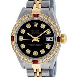 Rolex Ladies 2T Black Diamond And Ruby Datejust Wristatch